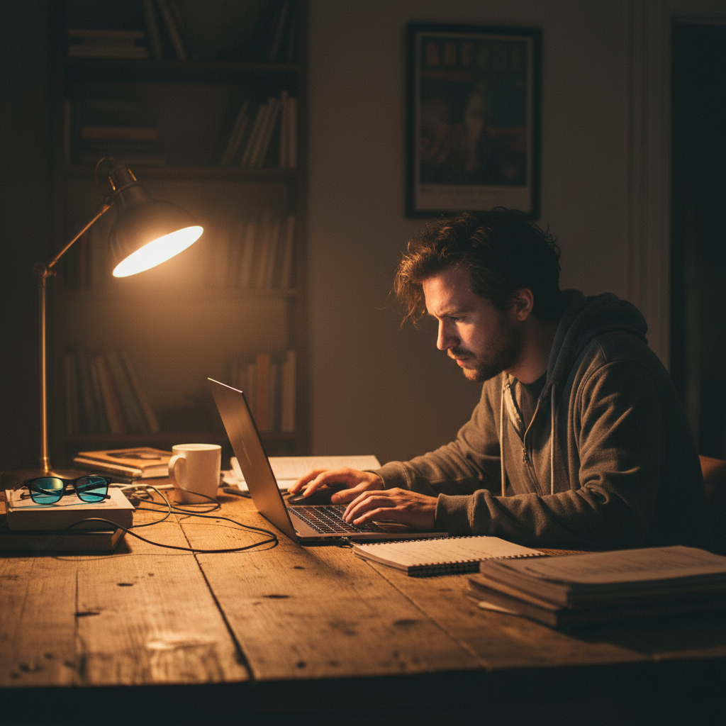 Portrait of a developer in a dark studio environment with ambient lighting, serious focused expression