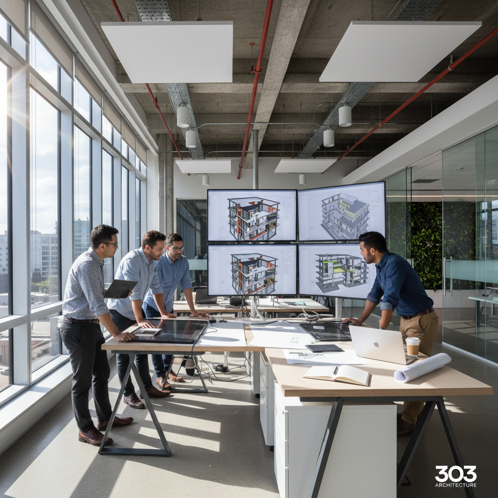 Equipo de ingenieros BIM trabajando en modelos 3D en oficina moderna con múltiples pantallas, ambiente colaborativo y profesional