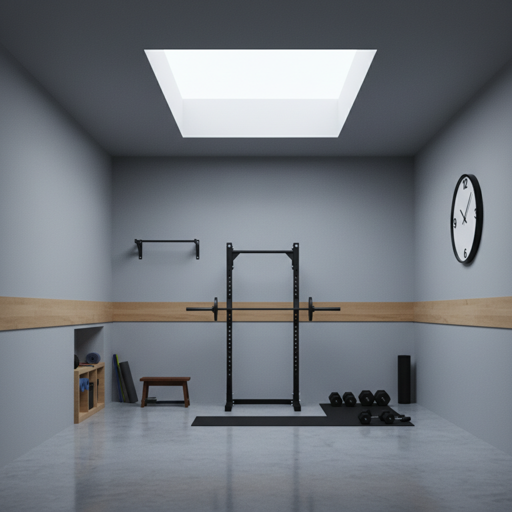 Minimalist home gym setup with kettlebells and clean aesthetic