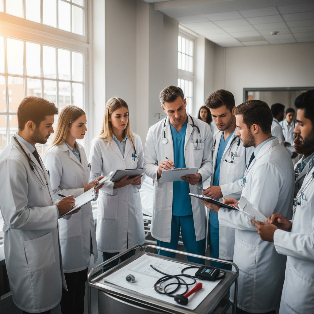 Young medical professional reviewing notes and study materials, focused preparation