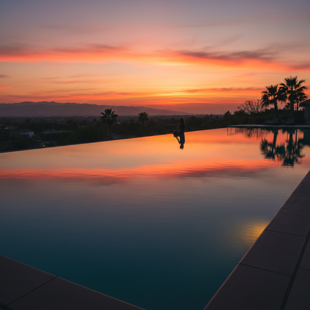 Cinematic creator shot of infinity pool at dusk with silhouette, professional color grade