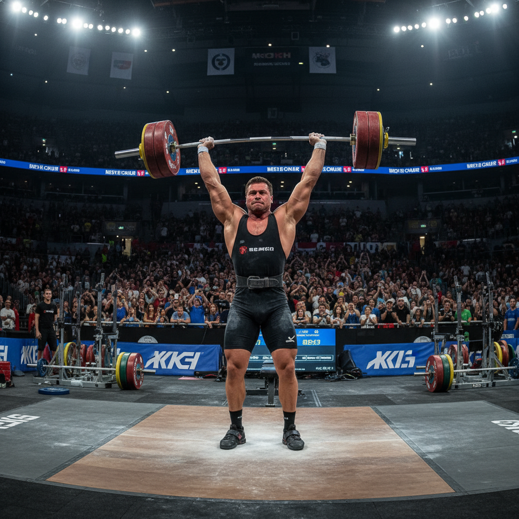 Weightlifter locking out a clean and jerk overhead in a packed arena