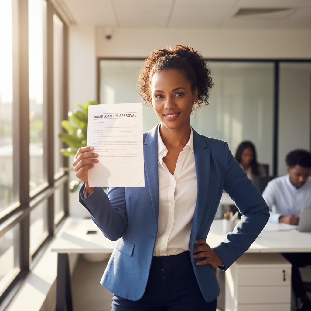 South African businesswoman with professional appearance, bright modern office environment