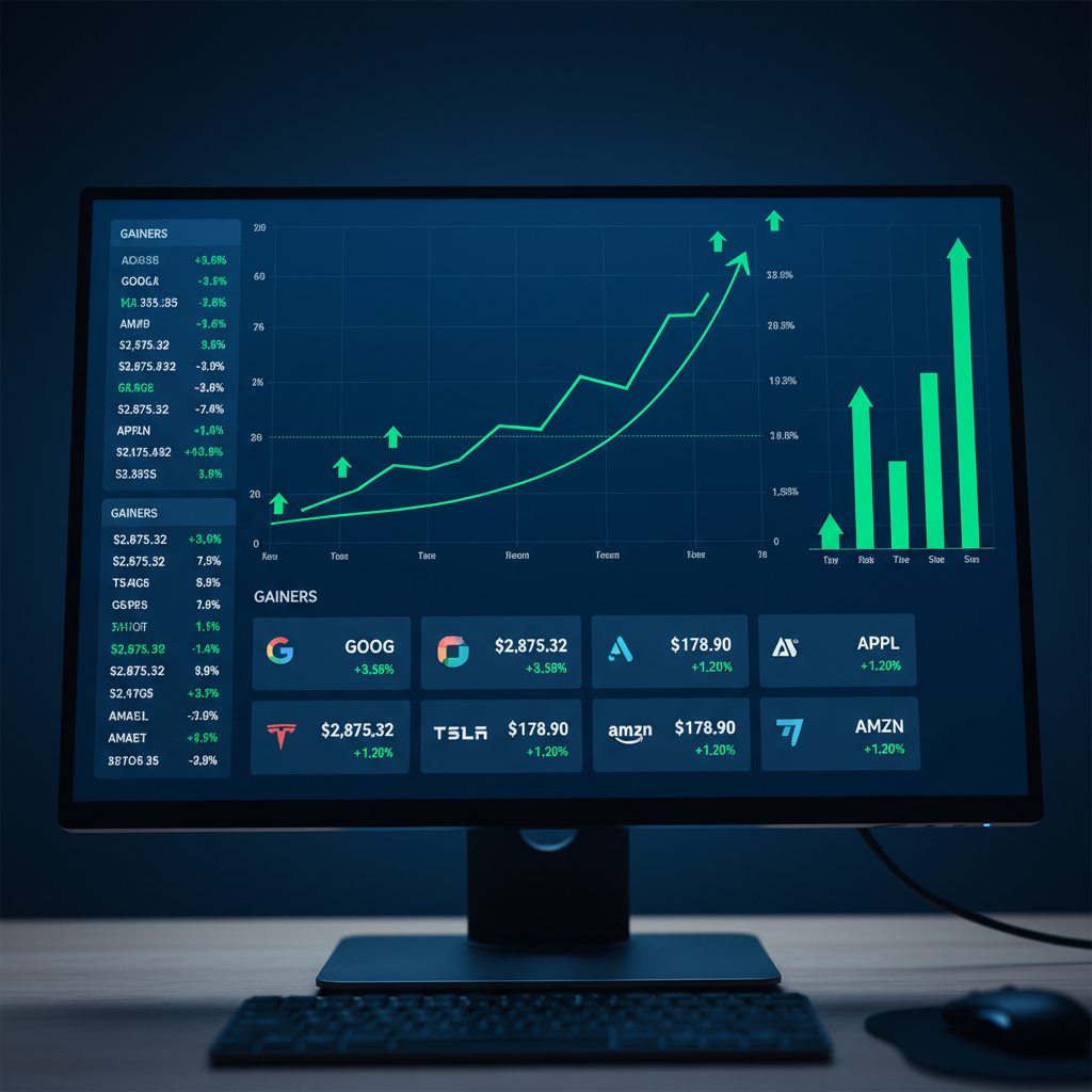 Financial growth chart with upward trending green line on dark monitor screen, trading dashboard, professional finance environment