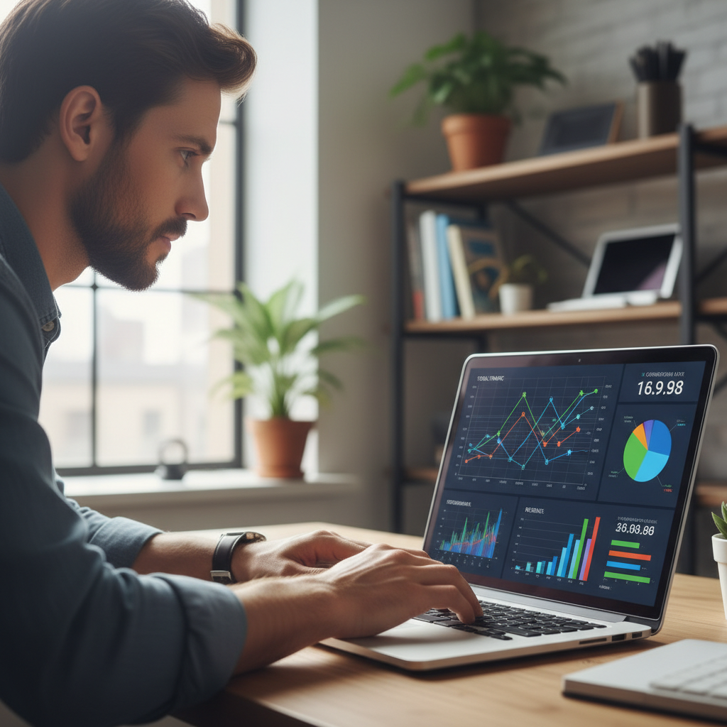 Marketing consultant working on laptop with analytics dashboard showing digital marketing data