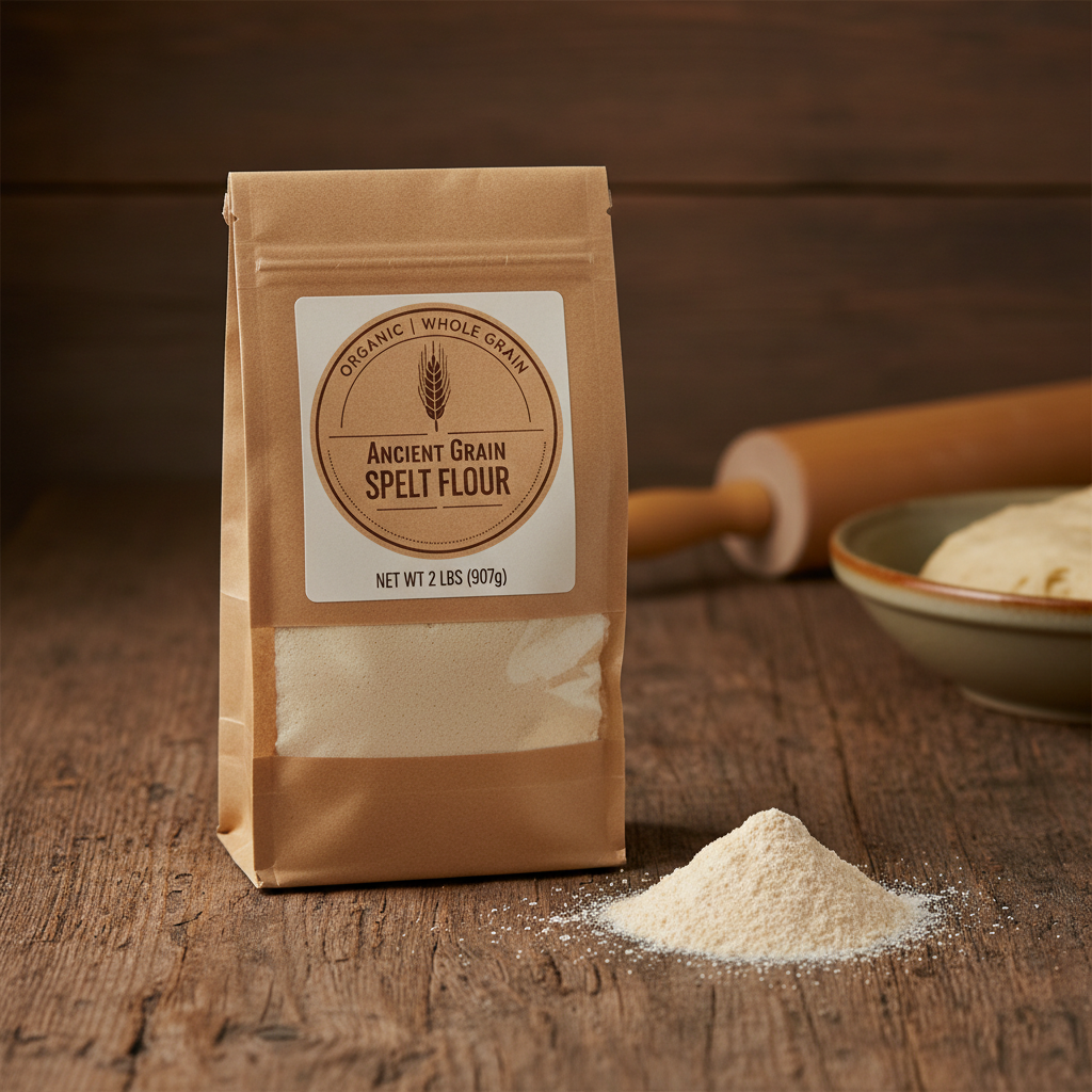 Large five kilogram besan flour bag on a rustic kitchen shelf with spice jars in background, warm amber tones