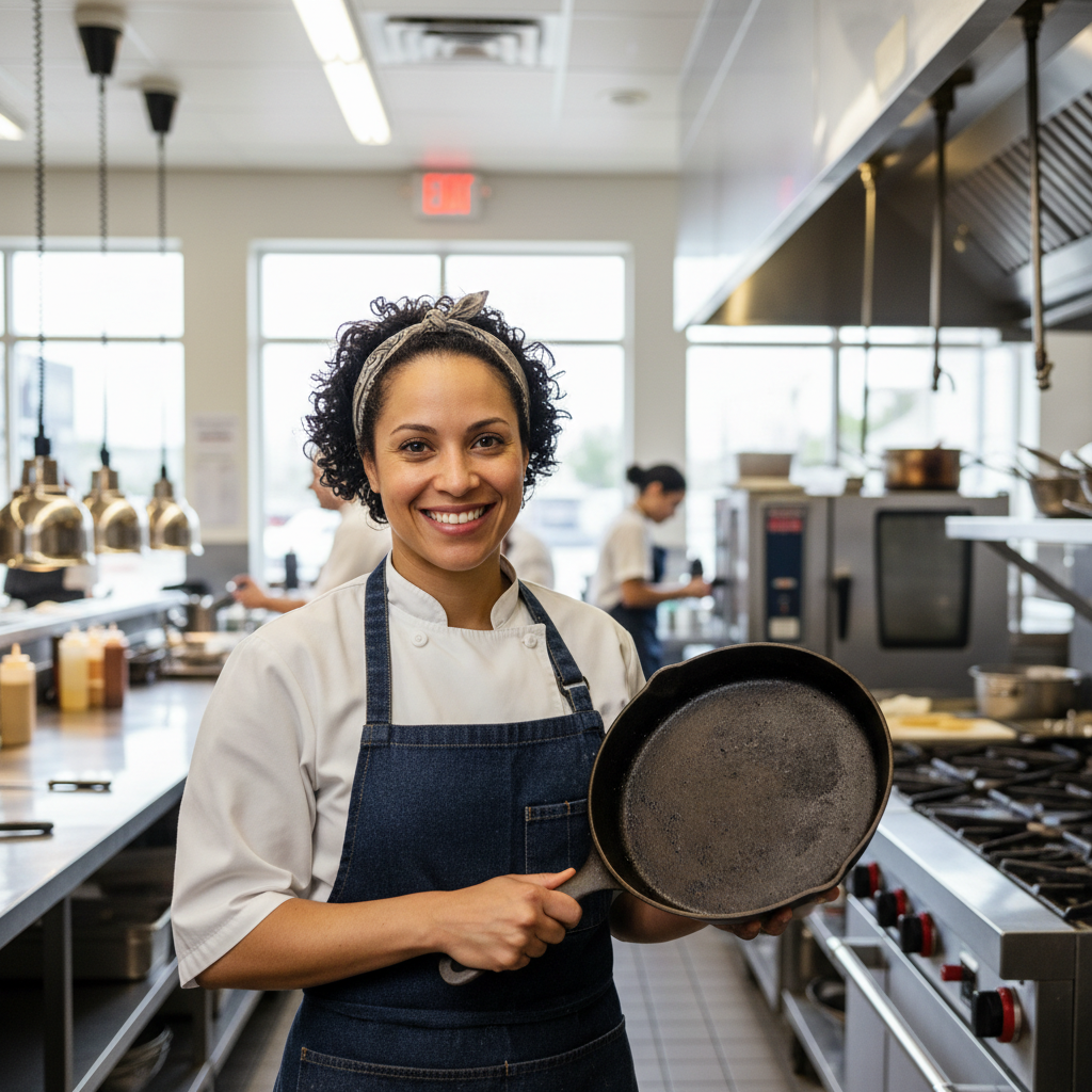Chef Denise standing in her restaurant kitchen, smiling, apron on, cast-iron skillet in hand