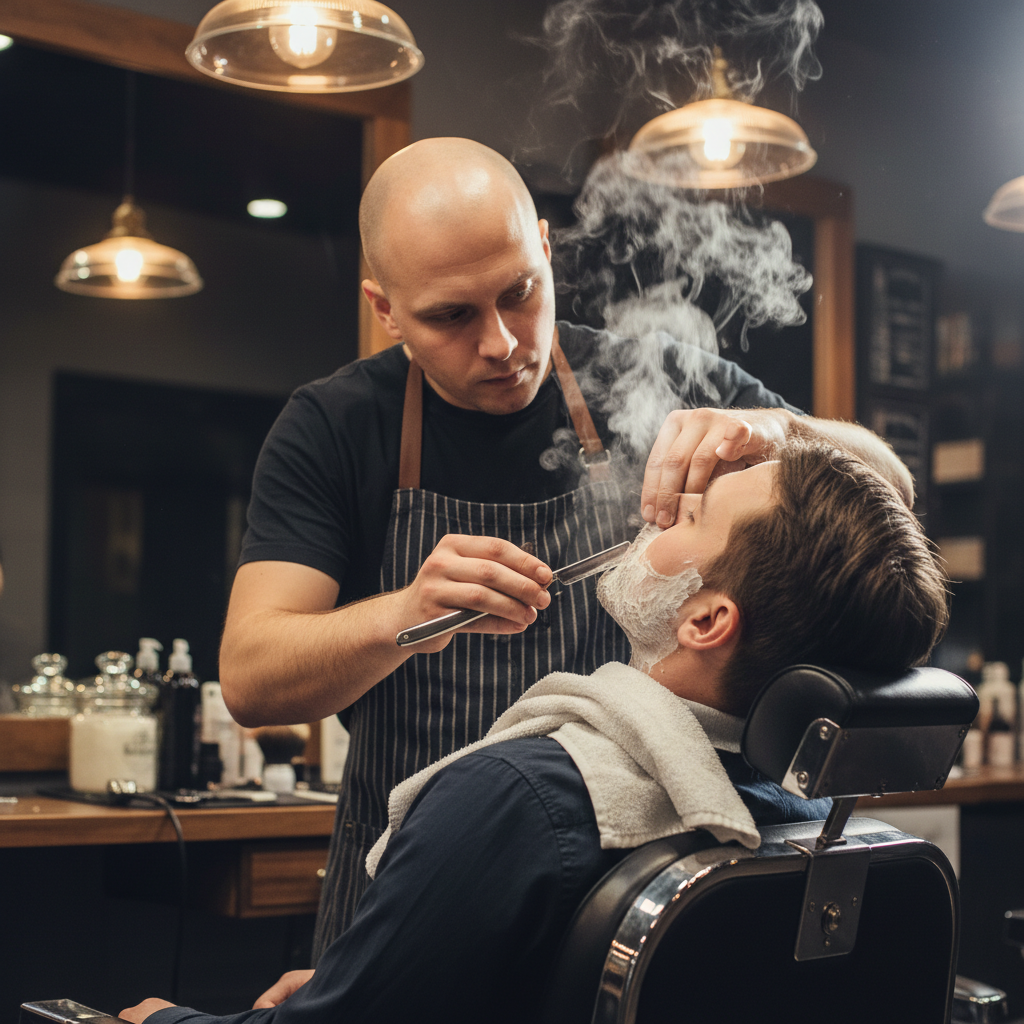 Straight razor hot towel shave being performed on a man in a reclined barber chair