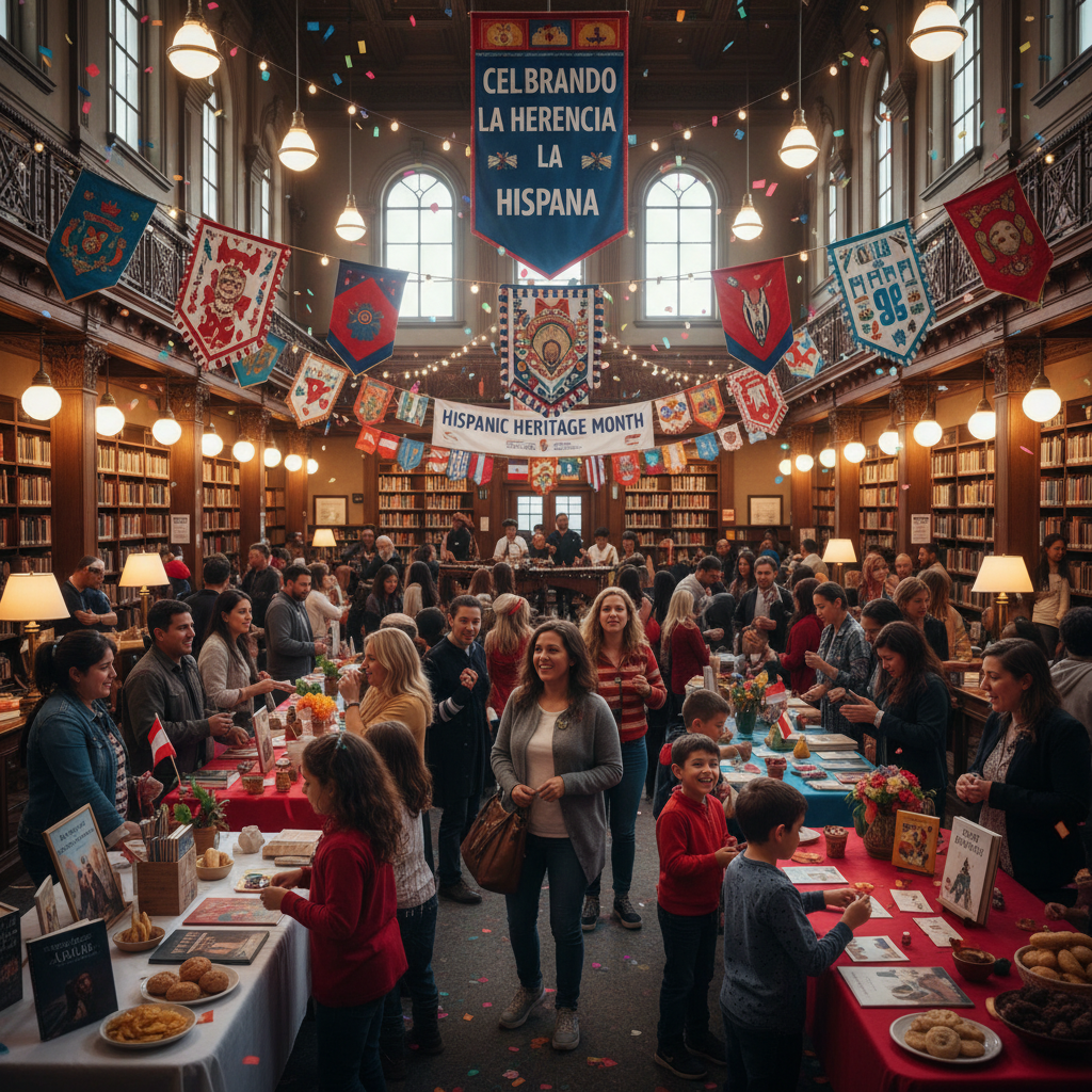 Community members gathered at a library event, diverse group celebrating Hispanic Heritage Month, warm lighting and festive decorations