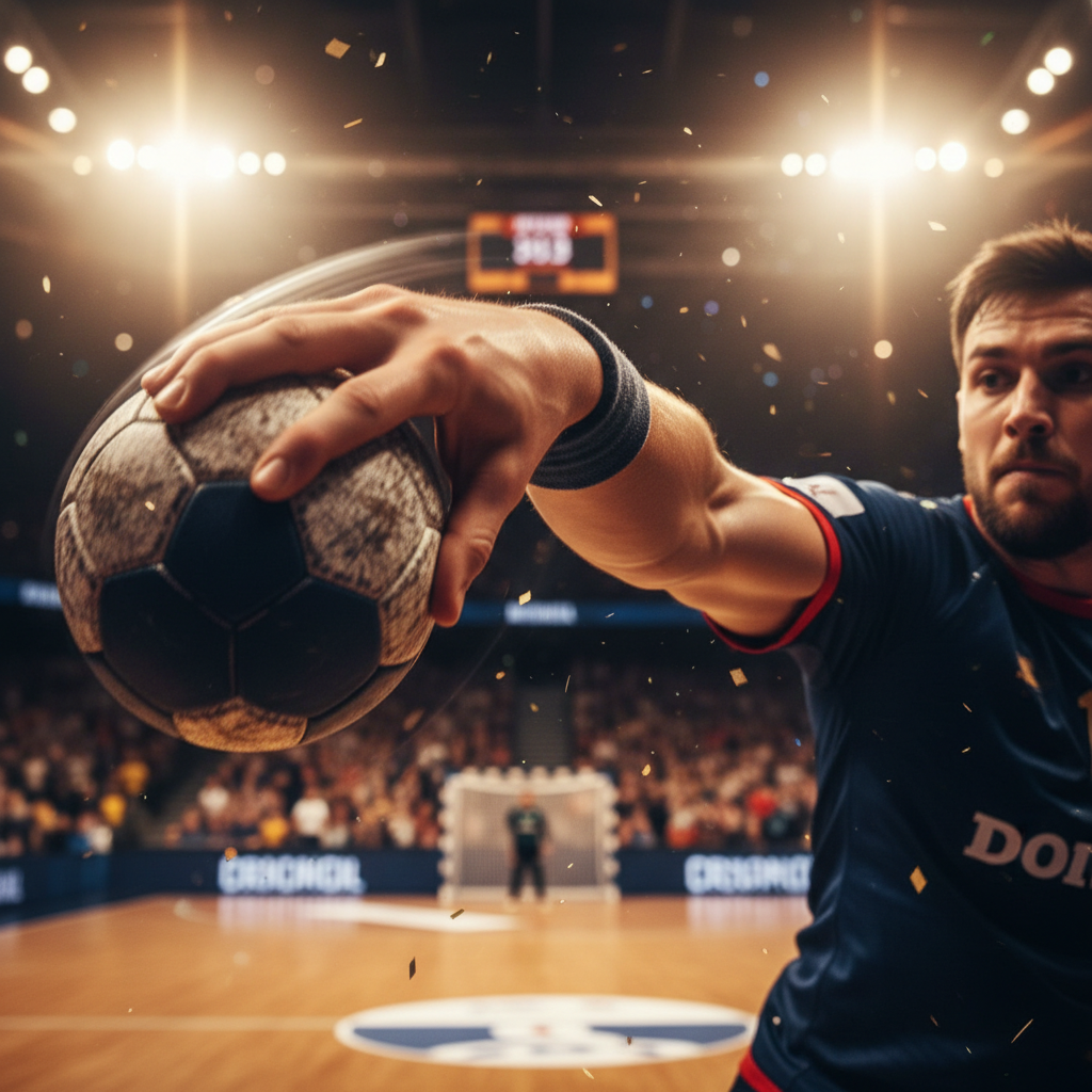 Handball player releasing ball with wrist snap, motion blur on fingers
