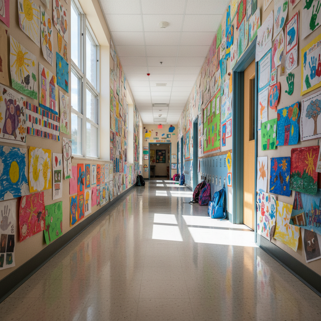 Elementary school hallway with colorful student artwork on the walls