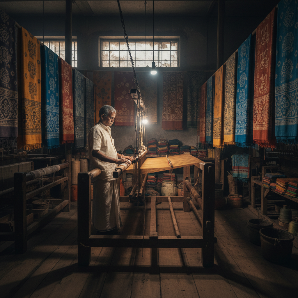 Traditional Indian weaving loom in shadowed workshop, dark wooden beams, low warm light, deep brown threads in motion