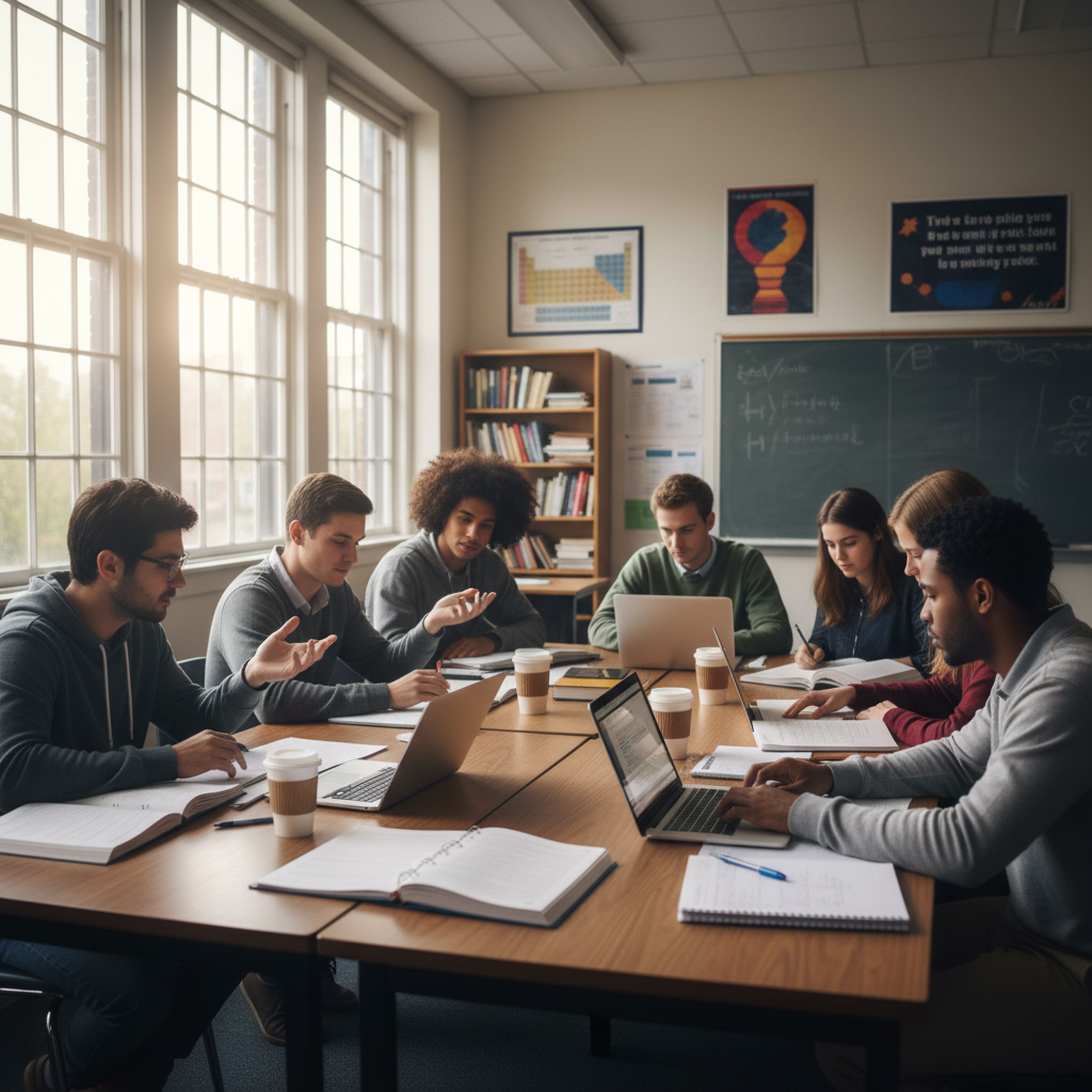Students studying together at university, books and notebooks open, bright learning environment