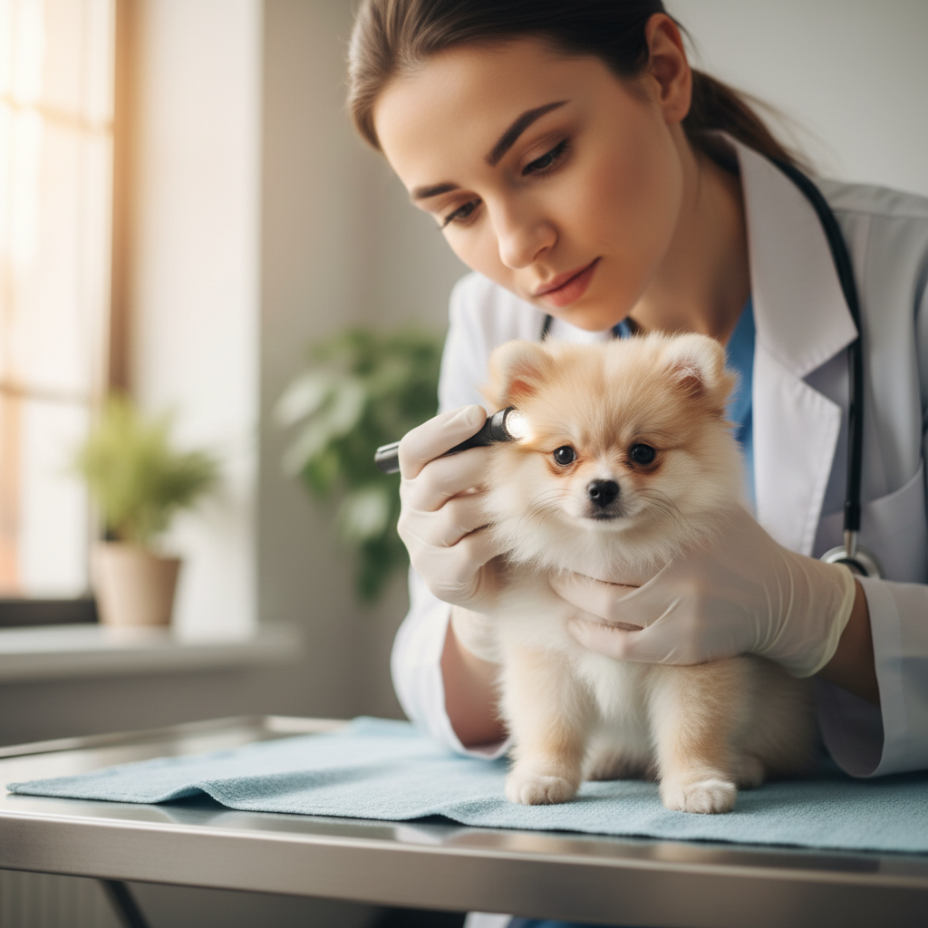 Veterinarian examining Pomeranian puppy, health check at six weeks