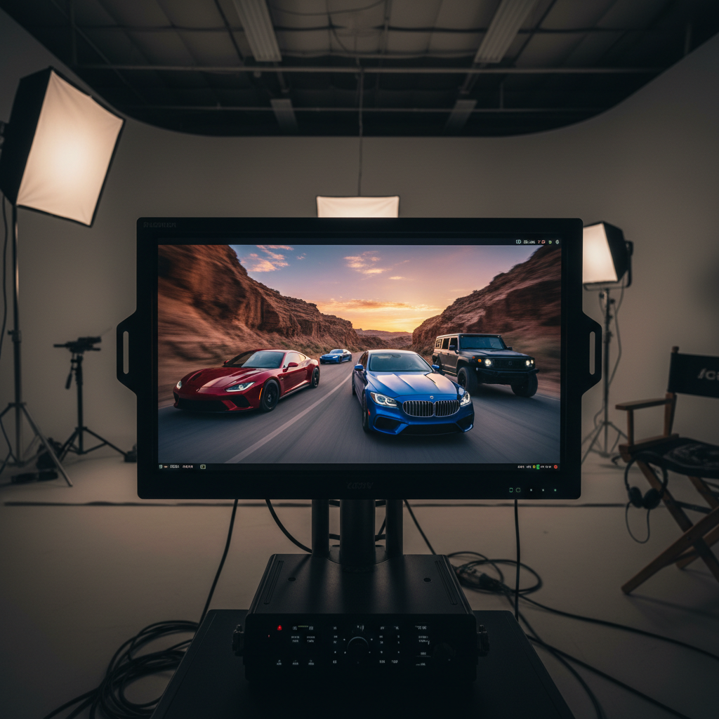 Director monitor displaying color-graded automotive footage in studio