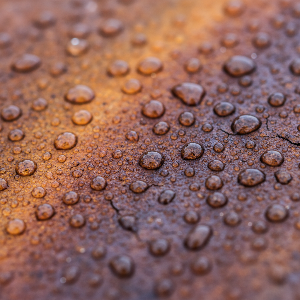 Macro close-up of weathered Corten steel panel surface with rain droplets and rust patina