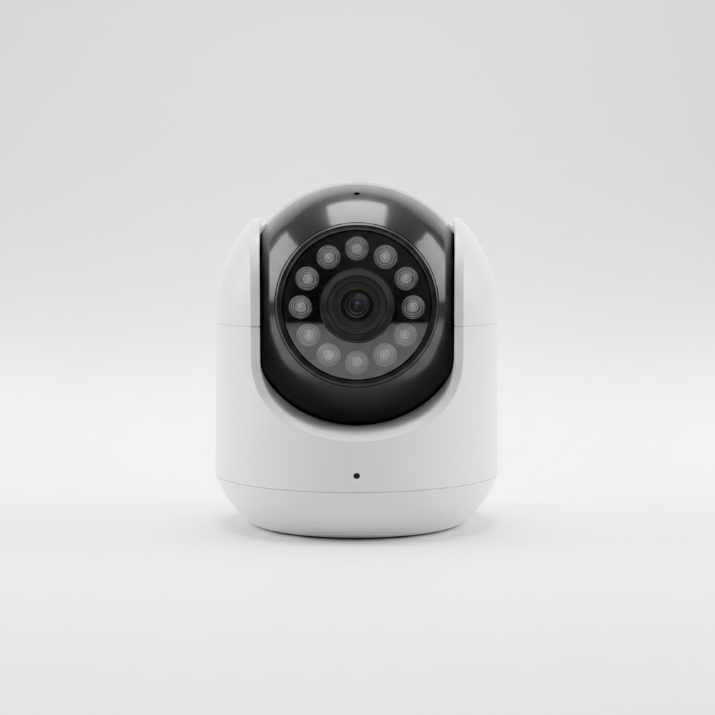 Professional dome security camera close-up, dark metal housing, night vision LEDs, mounted on ceiling bracket