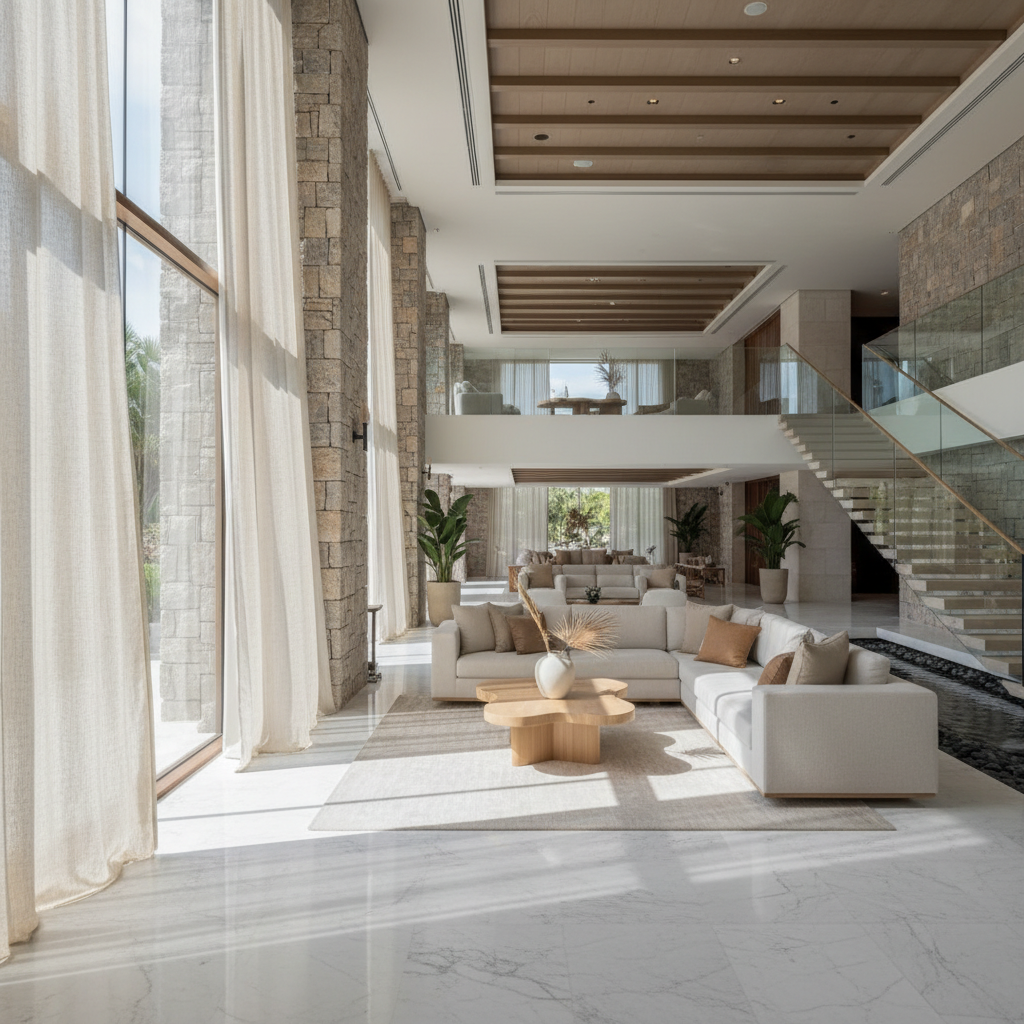 Luxury resort interior with natural linen curtains catching breeze, stone walls, and floor-to-ceiling windows framing mountain landscape