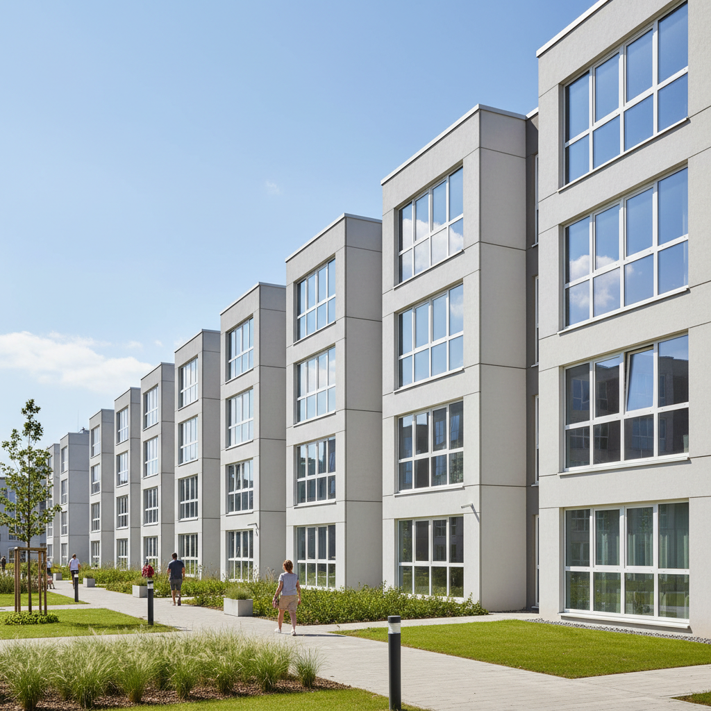 Modern residential tower exterior bright day, clean glass facade, blue sky, crisp architectural lines, open urban setting