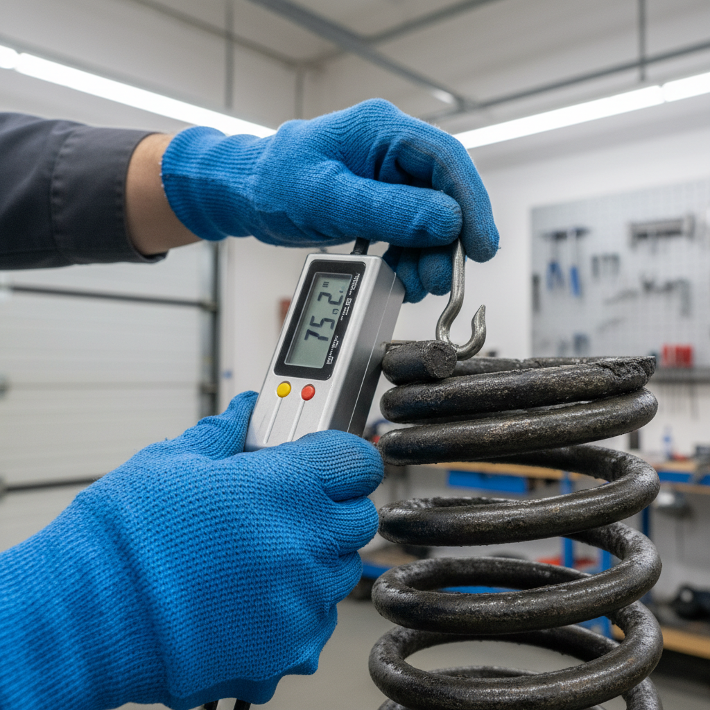 Close-up of technician in blue gloves using tension gauge on industrial garage door torsion spring, workshop setting