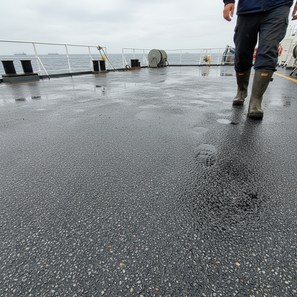 Ship deck surface with anti-skid coating applied for maritime safety in wet conditions