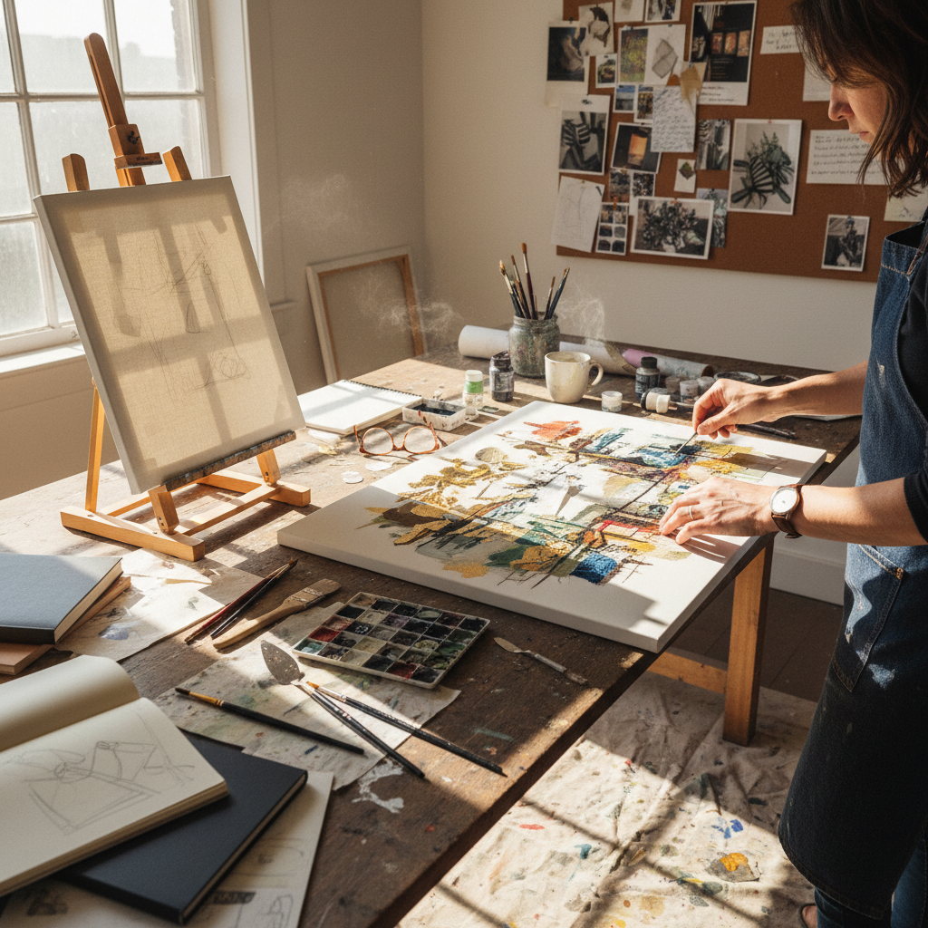 Artist painting colorful abstract artwork on large canvas in bright studio