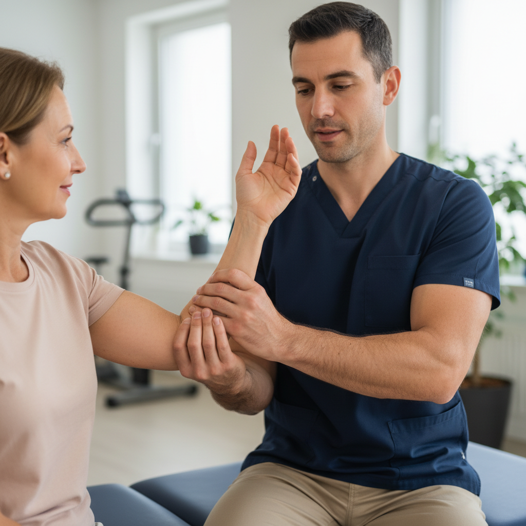James Okafor, physiotherapist, demonstrating a gentle wrist stretch exercise