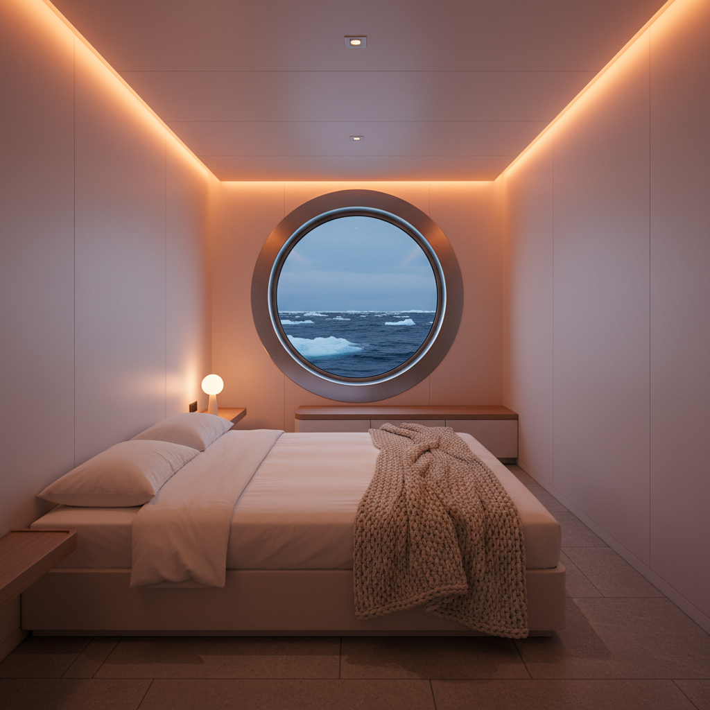 Spacious luxury ship cabin with large ocean-view window, sitting area, and premium Arctic expedition decor