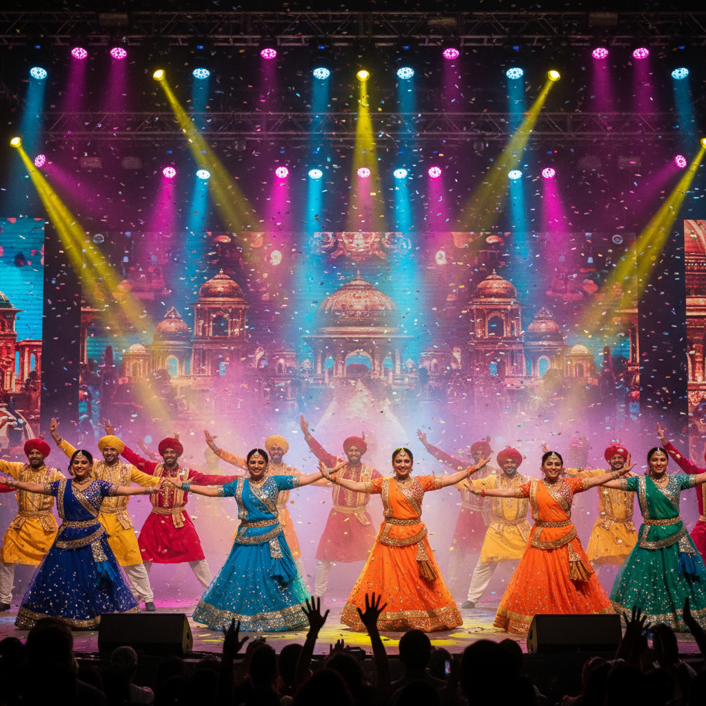 Traditional Indian cultural performance, colorful costumes, stage lighting, festive celebration atmosphere