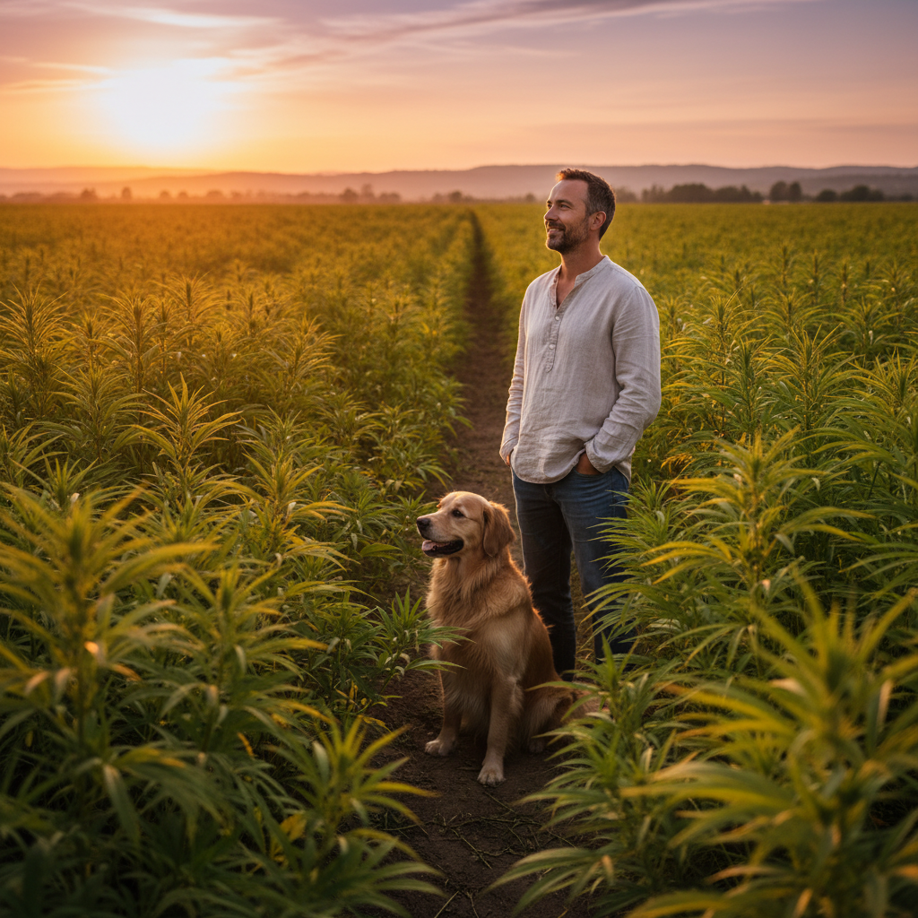 Dale Whitfield standing in his hemp field at dusk with his golden retriever Cooper beside him
