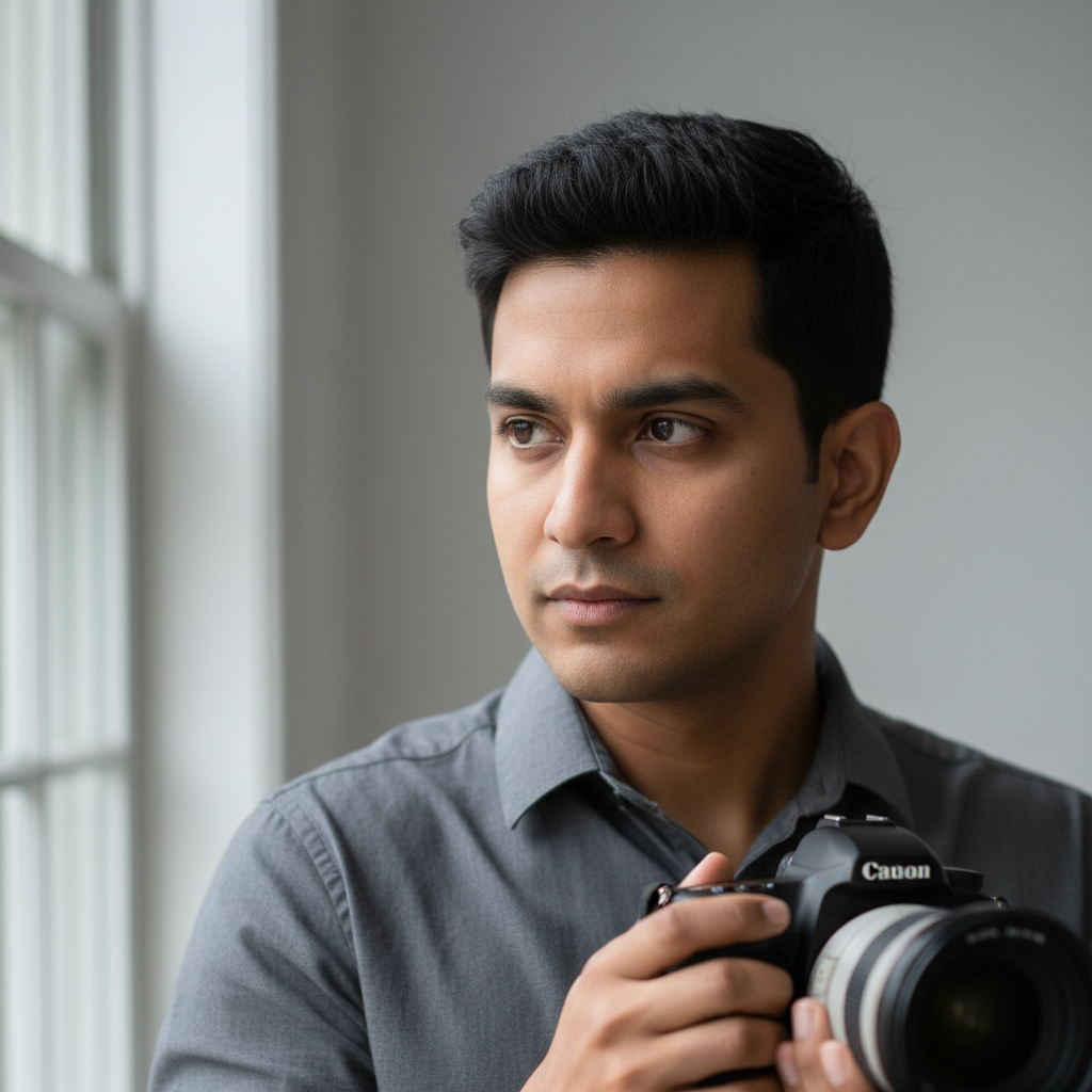Indian male photographer with casual styling, neutral background, candid portrait