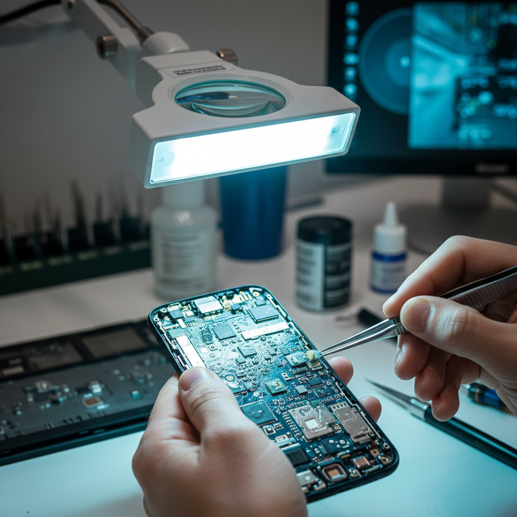 Technician repairing smartphone circuit board under bright workshop lighting