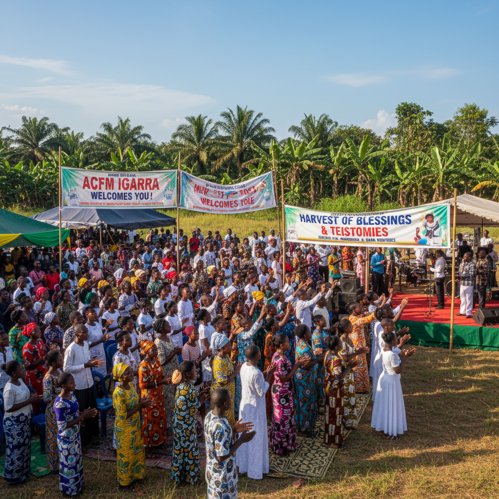 Multigenerational church congregation gathered outdoors in bright sunlight, joyful expressions, families together