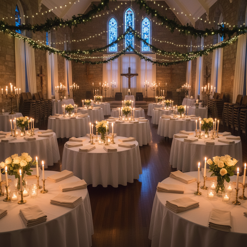 Salle de mariage élégante avec tables rondes dressées, nappes blanches et décoration florale