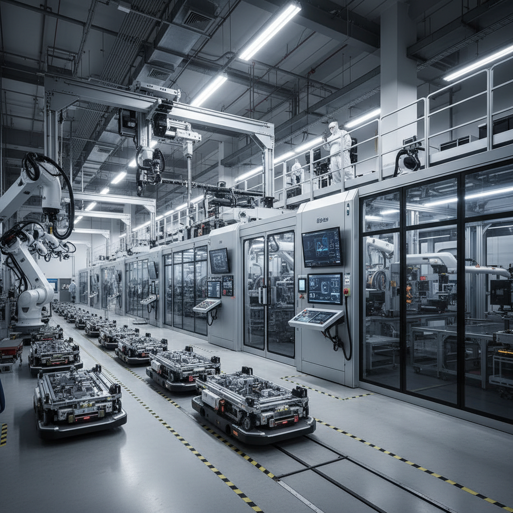 Modern automated manufacturing facility with robotic arms and conveyor systems
