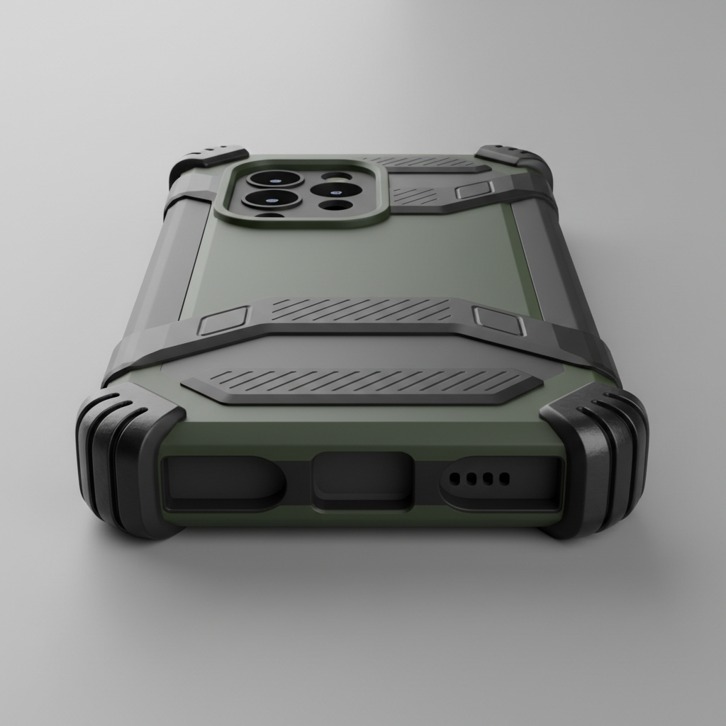 Black rugged phone case with texture on dark background