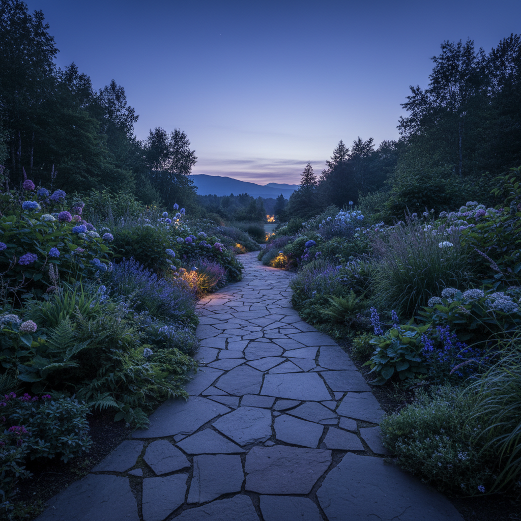 Low-voltage landscape lighting illuminating a stone pathway through an evening garden