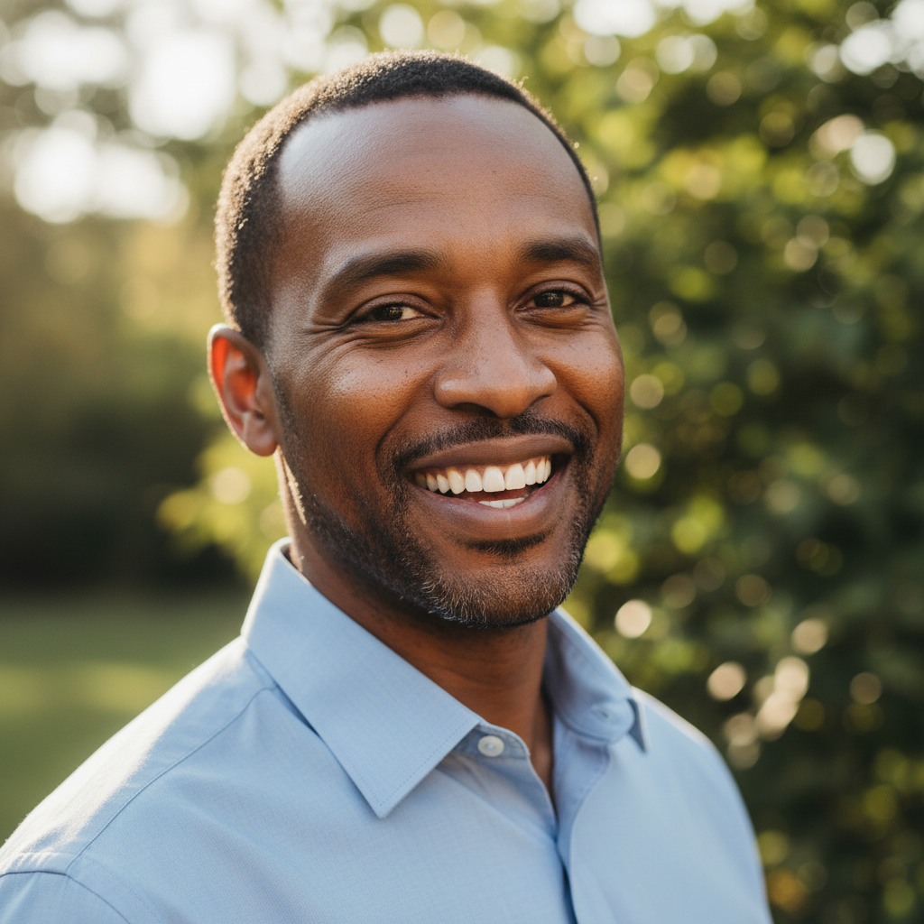 Confident man in his 40s with warm smile standing in sunlit outdoor environment