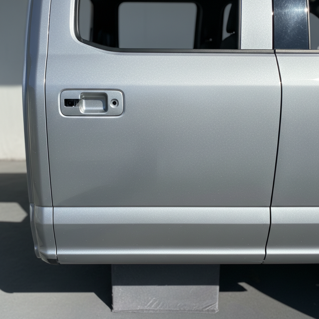 Repaired Ford F-150 quarter panel showing perfect metallic silver finish with flake visible in sunlight, seamless transition to door