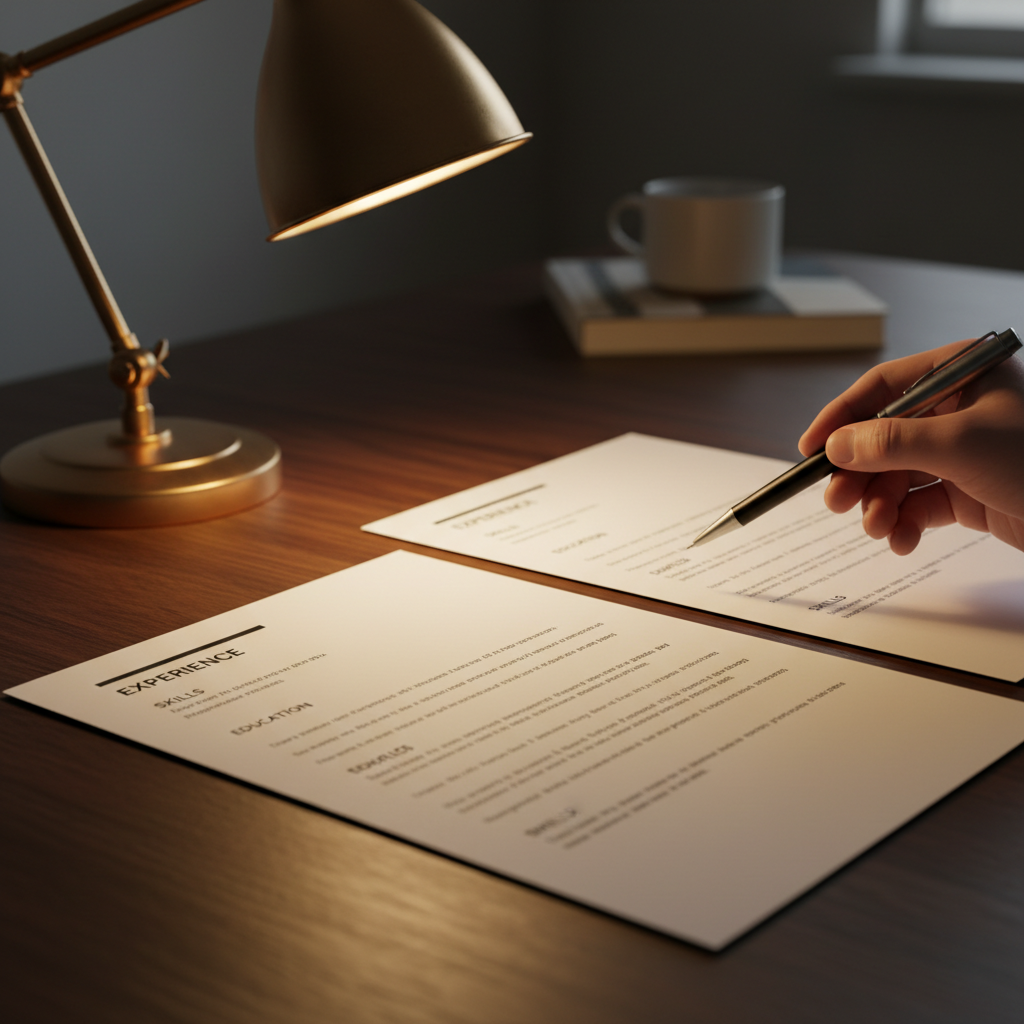 Clean desk with printed resume documents side by side, fine-point pen poised above paper, dramatic desk lamp lighting