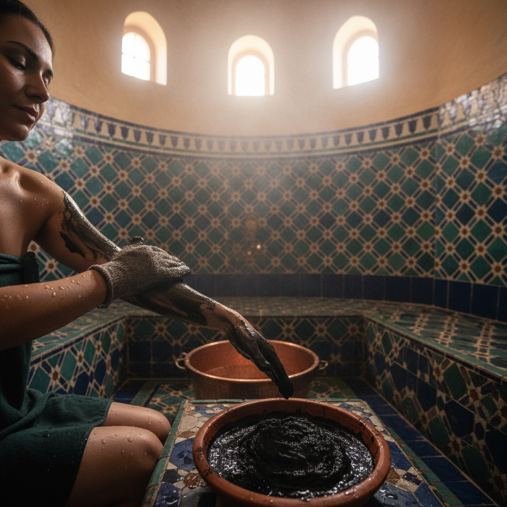 Luxury Moroccan hammam set with beldi soap argan oil and bath accessories in elegant packaging