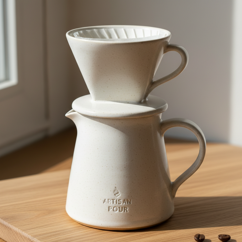 White ceramic pour-over coffee set on warm wooden table with morning light