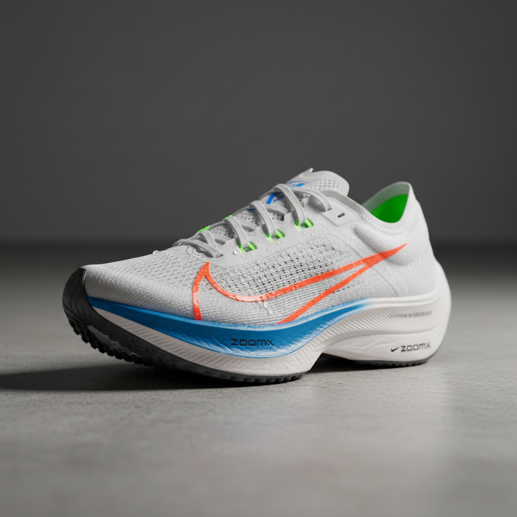 Nike Vomero 18 running shoe in white and grey on dark background