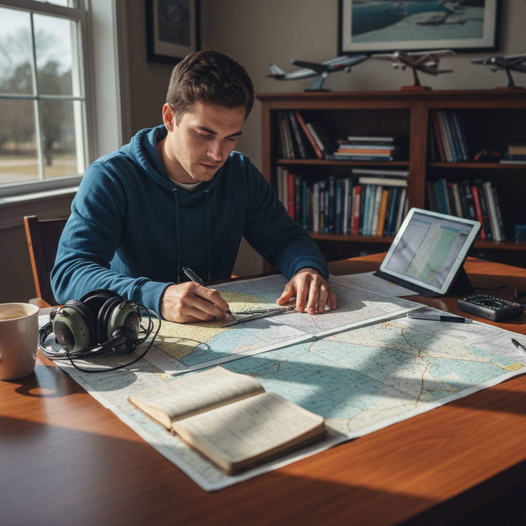 Derek Callahan, career-changer student pilot, studying aviation charts at a desk with a headset and logbook visible