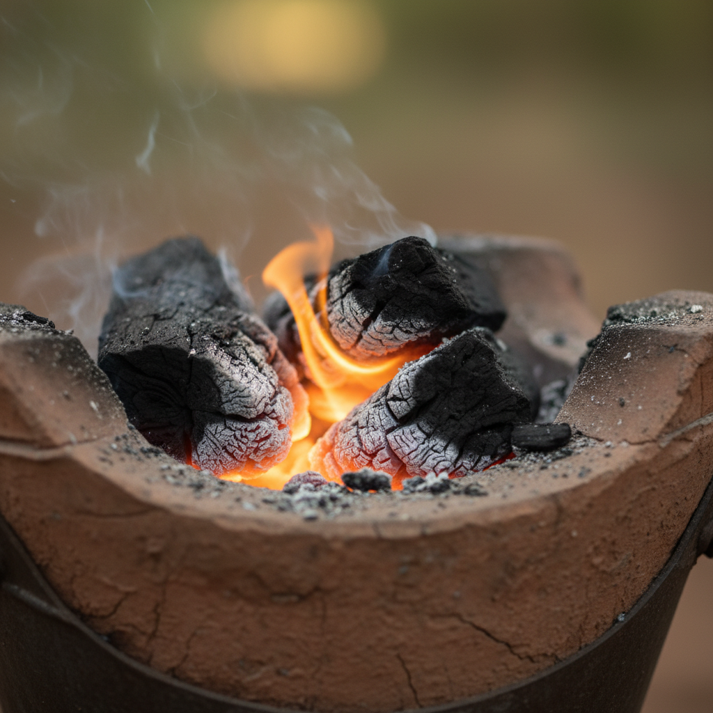Charcoal being lit in a large clay jiko, orange embers glowing in afternoon shade