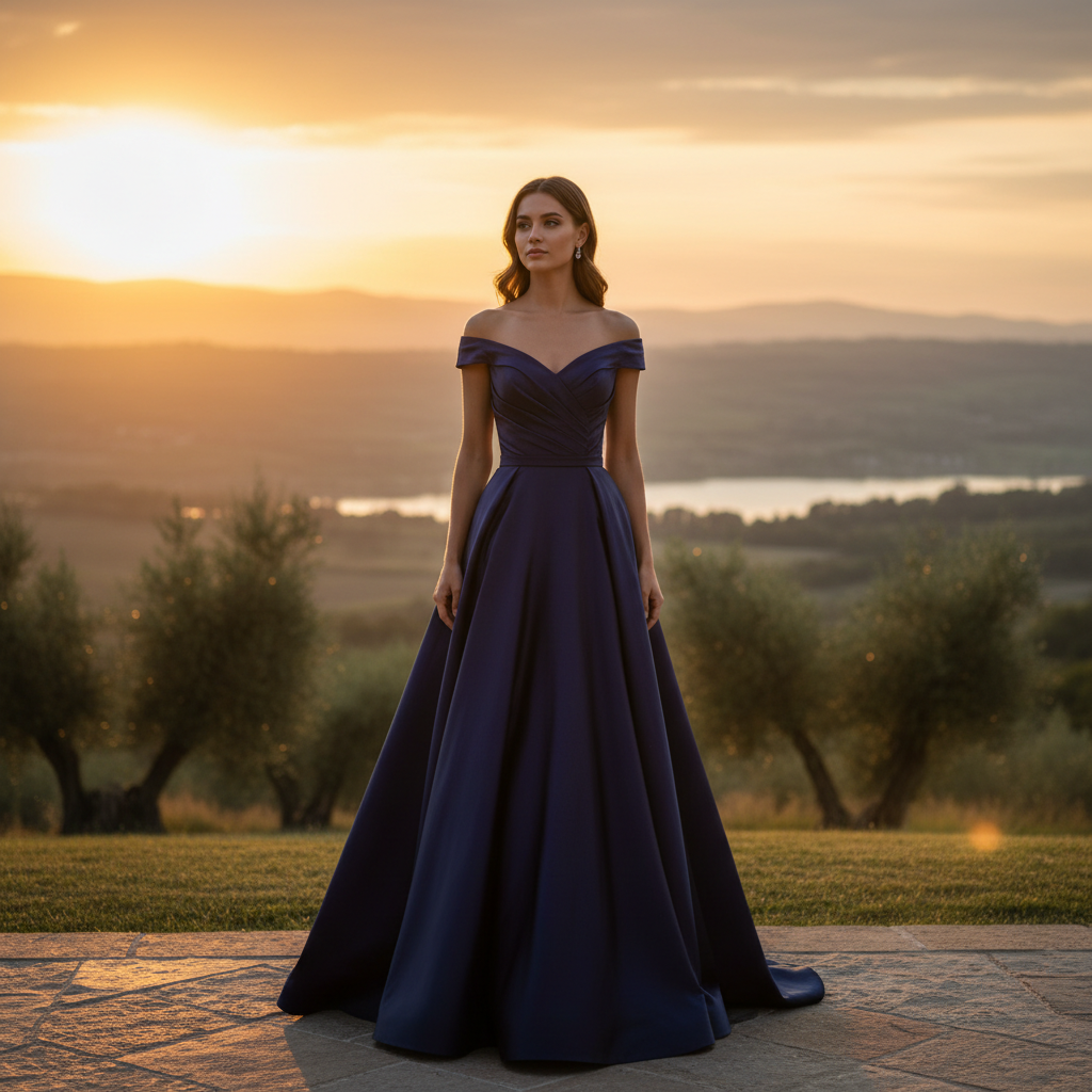 Woman in deep navy velvet evening gown, sophisticated and glamorous, dark atmospheric background