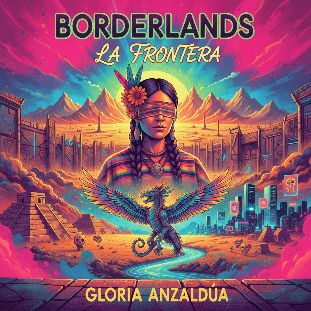 Vivid multi-color cover with Chicana imagery, Borderlands La Frontera