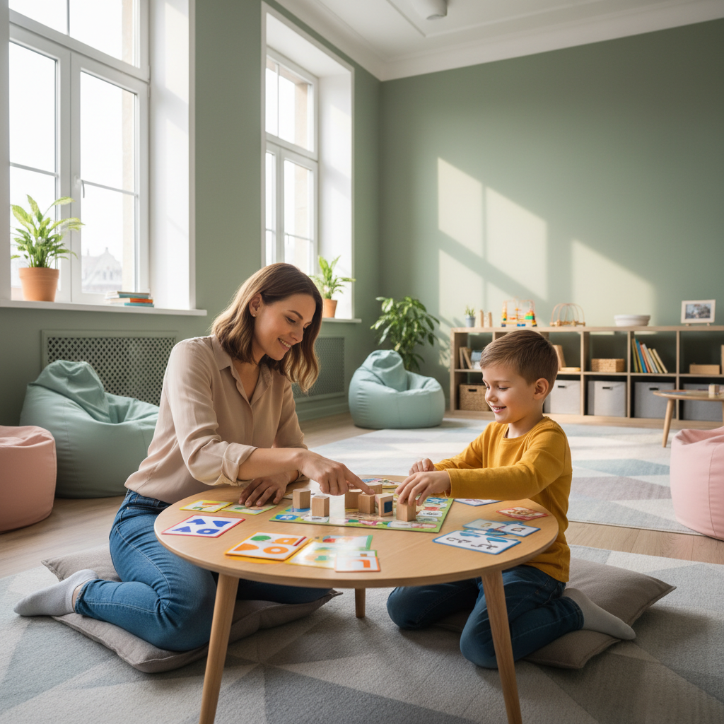 Therapist and child sitting together at a bright table with learning materials, warm natural light and a calm, focused atmosphere