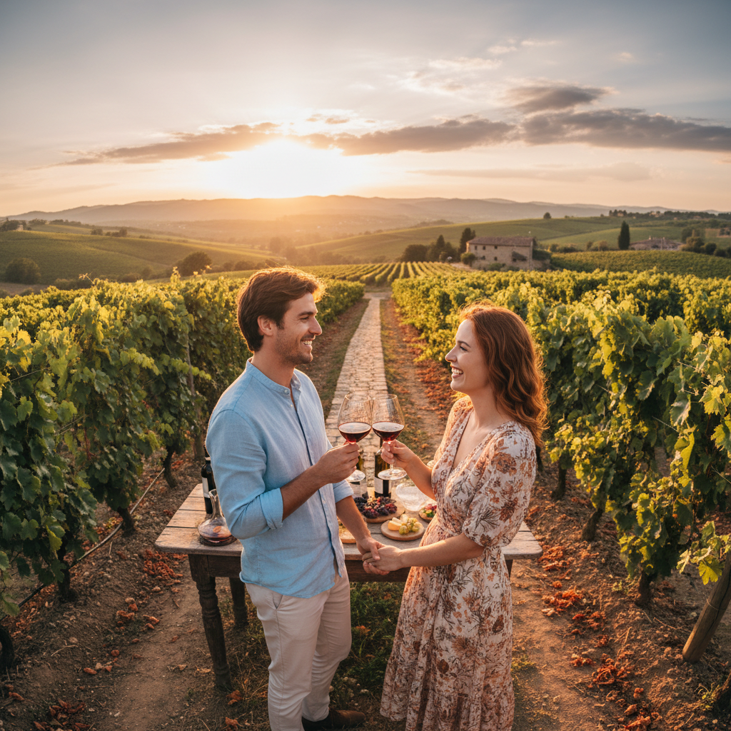 Young couple enjoying wine tasting at scenic vineyard with luxury sedan parked nearby and rolling hills in background during golden hour