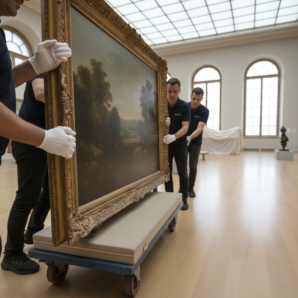 White-gloved handlers carefully transporting a large framed painting on wheeled dolly